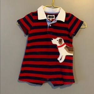 MudPie striped polo romper. Navy & red. Puppy dog